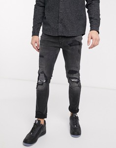 Черные выбеленные джинсы зауженного кроя из смесового органического хлопка со рваной отделкой Topman-Черный