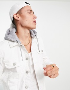 Джинсовая куртка зауженного кроя с серым капюшоном ASOS DESIGN-Белый