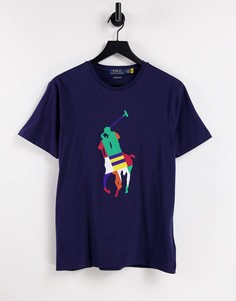 Темно-синяя футболка с большим разноцветным логотипом игрока поло Polo Ralph Lauren-Темно-синий