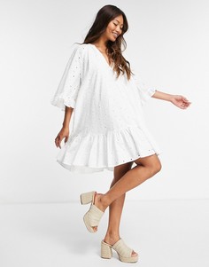 Платье мини А-силуэта с вышивкой ришелье и рукавами в стиле 70-х ASOS DESIGN-Белый