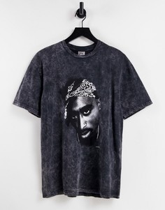 Черная выбеленная oversized-футболка с принтом с Тупаком Topman-Черный цвет