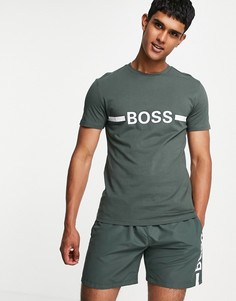 Облегающая футболка цвета хаки с акцентным логотипом на груди и защитой от солнца BOSS Beachwear-Зеленый цвет
