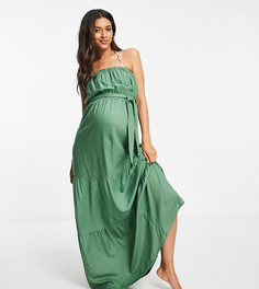 Ярусное пляжное платье макси цвета хаки с открытыми плечами ASOS DESIGN Maternity-Зеленый цвет