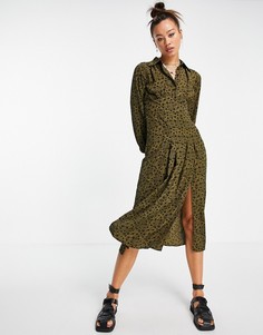 Платье-рубашка цвета хаки с разрезом спереди и цветочным принтом Topshop-Зеленый цвет