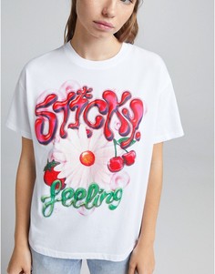 Белая oversized-футболка с цветочным принтом в стиле граффити Bershka-Белый