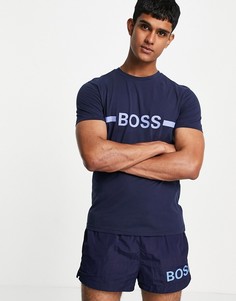 Облегающая футболка темно-синего цвета с акцентным логотипом на груди и защитой от солнца BOSS Beachwear-Темно-синий