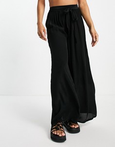 Черные пляжные брюки с широкими штанинами и завязкой ASOS DESIGN-Черный цвет