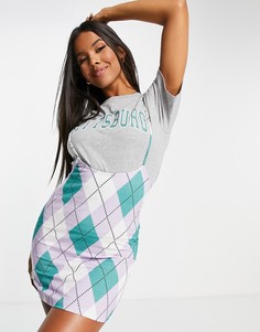 Платье-футболка мини «2 в 1» с высоким воротом, логотипом и принтом ромбов ASOS DESIGN-Разноцветный