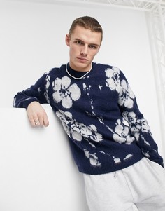 Темно-синий трикотажный джемпер с цветочным принтом из пряжи с ворсом ASOS DESIGN