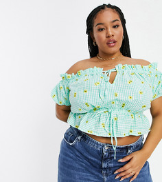 Зеленый топ в клетку с квадратным вырезом и цветочной вышивкой ASOS DESIGN Curve-Разноцветный