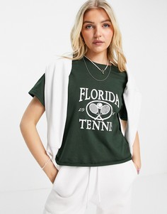 Футболка хвойно-зеленого цвета c короткими рукавами и надписью "Florida Tennis" Miss Selfridge-Зеленый цвет