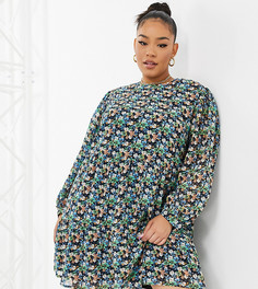 Платье мини с длинными рукавами, присборенной юбкой и с винтажным цветочным принтом Wednesdays Girl Curve-Multi