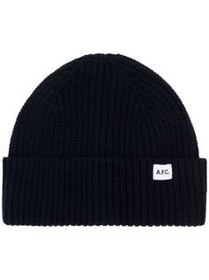 A.P.C. шапка бини в рубчик с нашивкой-логотипом