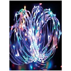Светодиодная гирлянда для улицы Космос "Разноцветные нити" 100 мельчайших светодиодов в виде капель расположенные на медной тонкой проволоке. Работает от 220В, вилка с трансформатором, IP44, 10 м. Kosmos