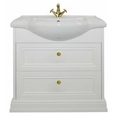 Тумба с керамической раковиной FOSTER 80, TS-F9080-C-W/T009-G, ШхГхВ : 81х47,5х86 см., напольная, два ящика с доводчиками, цвет белый, ручки кнопки золото. Tessoro