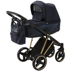 Коляска универсальная Adamex Verona Special Edition 2 в 1, VR460 - темно-синий, синяя кожа, золотая рама
