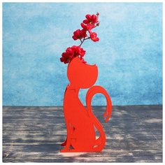 Кашпо деревянное Дарим Красиво 13*5,2*24,5 см, с 1 колбой "Кошка", красный