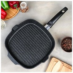 Сковорода-гриль Kukmara квадратная, 28*28 см, съемная ручка, антипригарное покрытие, темный мрамор