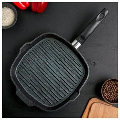 Сковорода-гриль Kukmara квадратная, Granit ultra, 28*28 см , съемная ручка, стеклянная крышка, синий