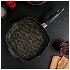 Сковорода-гриль Kukmara квадратная, Granit ultra, 28*28 см, съемная ручка, стеклянная крышка