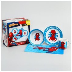 Набор посуды Marvel "Ты-супергерой", 4 предмета: тарелка d 16,5 см, миска d 14 см, кружка 250 мл, коврик в подарочной упаковке, Человек-паук