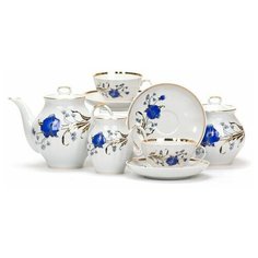 Сервиз чайный. Дулёвский фарфоровый завод. Форма Белый лебедь. Рисунок Синий Мак. 15 предметов