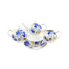 Сервиз чайный. Дулёвский фарфоровый завод. Форма Тюльпан. Рисунок Синий цветок. 15 предметов.