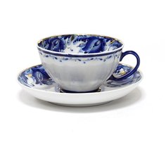 Чашка с блюдцем чайная. Гжельская Мануфактура. Форма Белый лебедь. Рисунок Голубые тюльпаны Золото. 275 мл