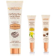 SEAMANTIKA Набор: Маска осветляющая для лица с грязью мертвого моря Dead Sea Mud (для всех типов кожи) 100 мл, Крем увлажняющий для лица с маслом ши Shea Butter (для нормальной и сухой кожи) 40 мл, Сывортка минеральная омолаживающая для лица с маслом 