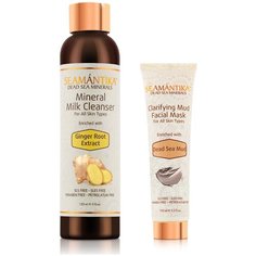SEAMANTIKA Набор: Маска осветляющая для лица с грязью мертвого моря Dead Sea Mud (для всех типов кожи) 100 мл, Молочко очищающее для лица Ginger Root Extract с экстрактом корня имбиря и минералами Мертвого моря (для всех типов кожи) 150 мл, Израиль