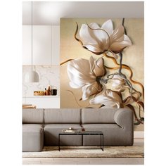 Фотообои флизелиновые Топ Фотообои Дизайнерские цветы на бежевом фоне 200х270 (ШхВ) темно-бежевый/серо-коричневый/светло-коричневый/темно-оранжевый/белый