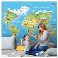 Фотообои Детская карта мира в голубых и зеленых цветах с животными/ Красивые уютные обои на стену в интерьер комнаты/ Детские для мальчика для девочки, для подростков/ В детскую спальню/ размер 300х270см/ Флизелиновые