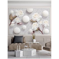 Фотообои 3D белые розы и шары на сером фоне с кругами/ Красивые уютные обои на стену в интерьер комнаты/ 3Д расширяющие пространство над кроватью или над столом/ На кухню в спальню детскую зал гостиную прихожую/ размер 200х129см/ Флизелиновые