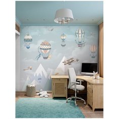 Фотообои Рисунок с горами, самолетами, воздушными шарами/ Красивые уютные обои на стену в интерьер комнаты/ Детские для мальчика для девочки, для подростков/ В детскую спальню/ размер 300х270см/ Флизелиновые