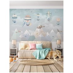 Фотообои Рисунок с горами, самолетами, воздушными шарами/ Красивые уютные обои на стену в интерьер комнаты/ Детские для мальчика для девочки, для подростков/ В детскую спальню/ размер 300х180см/ Флизелиновые