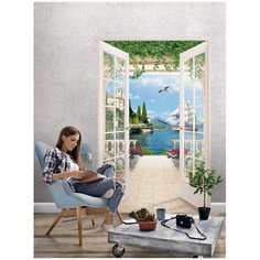 Фотообои флизелиновые Топ Фотообои Открытые двери на набережную 129х200 (ШхВ) голубой/белый/зеленый/светло-бежевый