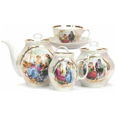 Сервиз чайный. Дулёвский фарфоровый завод. Форма Белый лебедь. Рисунок Прогулка в усадьбе. 15 предм.