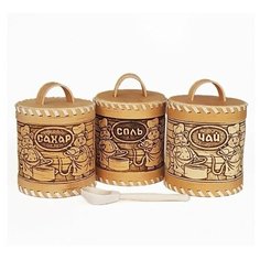 Набор контейнеров для хранения / Набор туесок "Мышь" Соль / Сахар / Чай + ложка Чайная березовая Томград