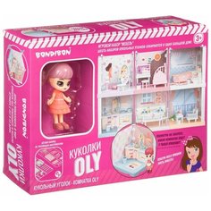 Игровой набор с куклой Bondibon Мебель Кукольный уголок Кухня и куколка Oly, ВВ4491, розовый