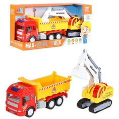 Машинка детская инерционная Самосвал с экскаватором на гусенечном ходу, со светом и звуком, цвет желтый/красный, в/к 46*13*21см Компания Друзей