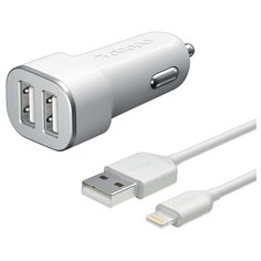 Автомобильное зарядное устройство Deppa 2 USB 2.4А + кабель Lightning MFI белый 11291