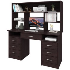 Письменный стол СитиМебель двухтумбовый с 6 ящиками, дополнительным ящиком под столешницей и надстройкой, ШхГ: 140х50 см, цвет: венге цаво