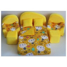 Мягкая мебель для кукол кровать, 2 кресла, 2 пуфа, 2 подушки, одеяло Росимпел