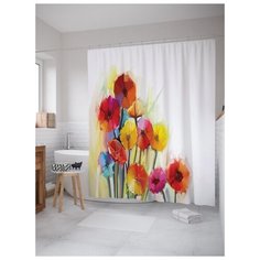 Штора (занавеска) для ванной JoyArty "Цветочные краски" из ткани, 180х200 см с крючками