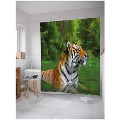 Штора (занавеска) для ванной "Тигриный заплыв" из сатена, 180х200 см с крючками Joy Arty