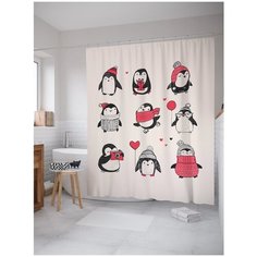 Штора (занавеска) для ванной "Выбери своего пингвина" из сатена, 180х200 см с крючками Joy Arty