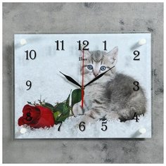 Часы настенные 21 век серия: Животный мир, "Котенок и роза", 30*40 см