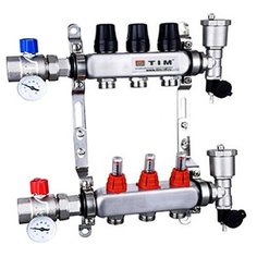 Коллектор с расходомерами из нержавеющей стали, 1", 3 выхода, укомплектован: автовоздухоотводчик, сливной кран и шаровыми кранами с термометрами TIM