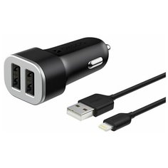 Автомобильное зарядное устройство Deppa 2 USB 2.4А + кабель Lightning, MFI черный
