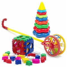 Набор развивающий Каталка "Колесо" 40-0032 + Игрушка "Кубик логический большой" 40-0010 + Пирамида детская большая 40-0045 Karolina Toys